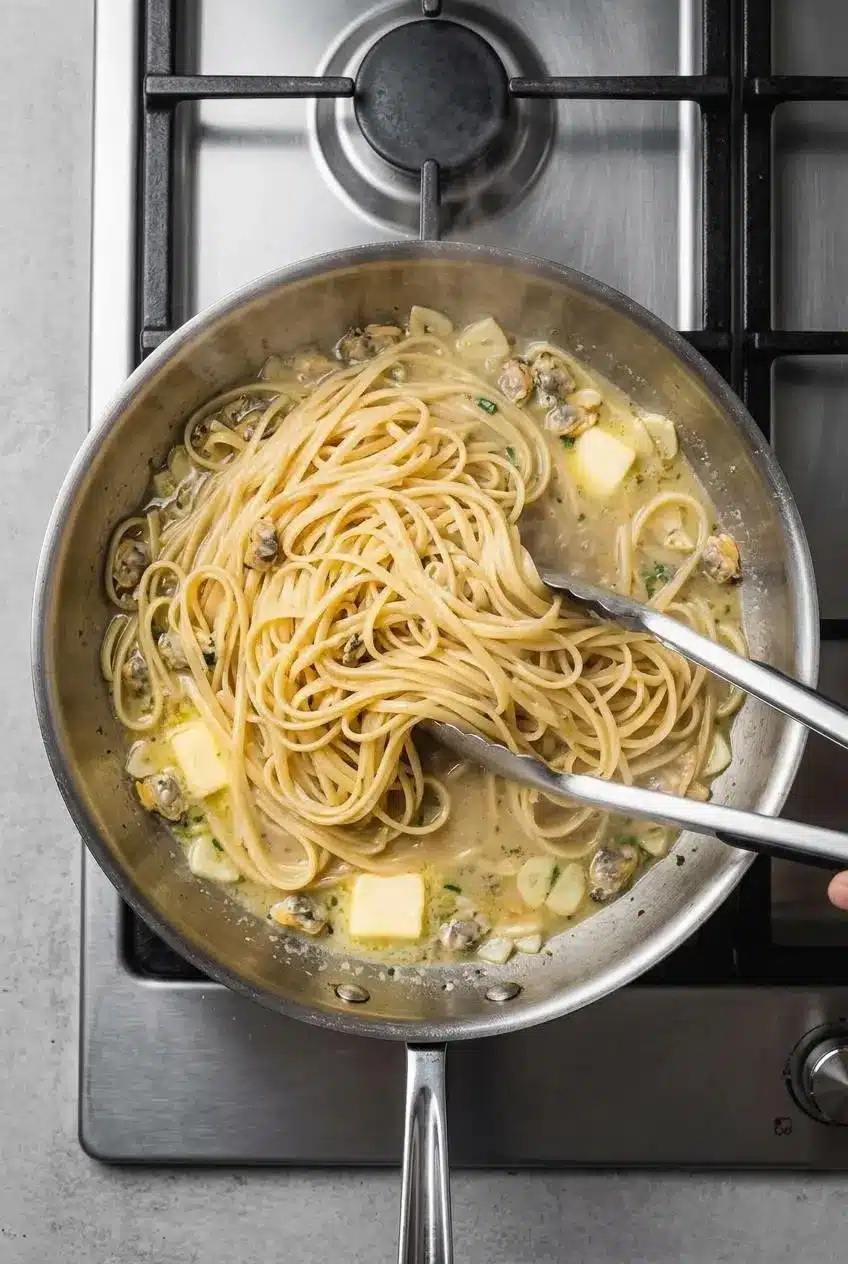 Tossing linguine in a stainless steel skillet with simmering clam liquor, white wine, and butter.