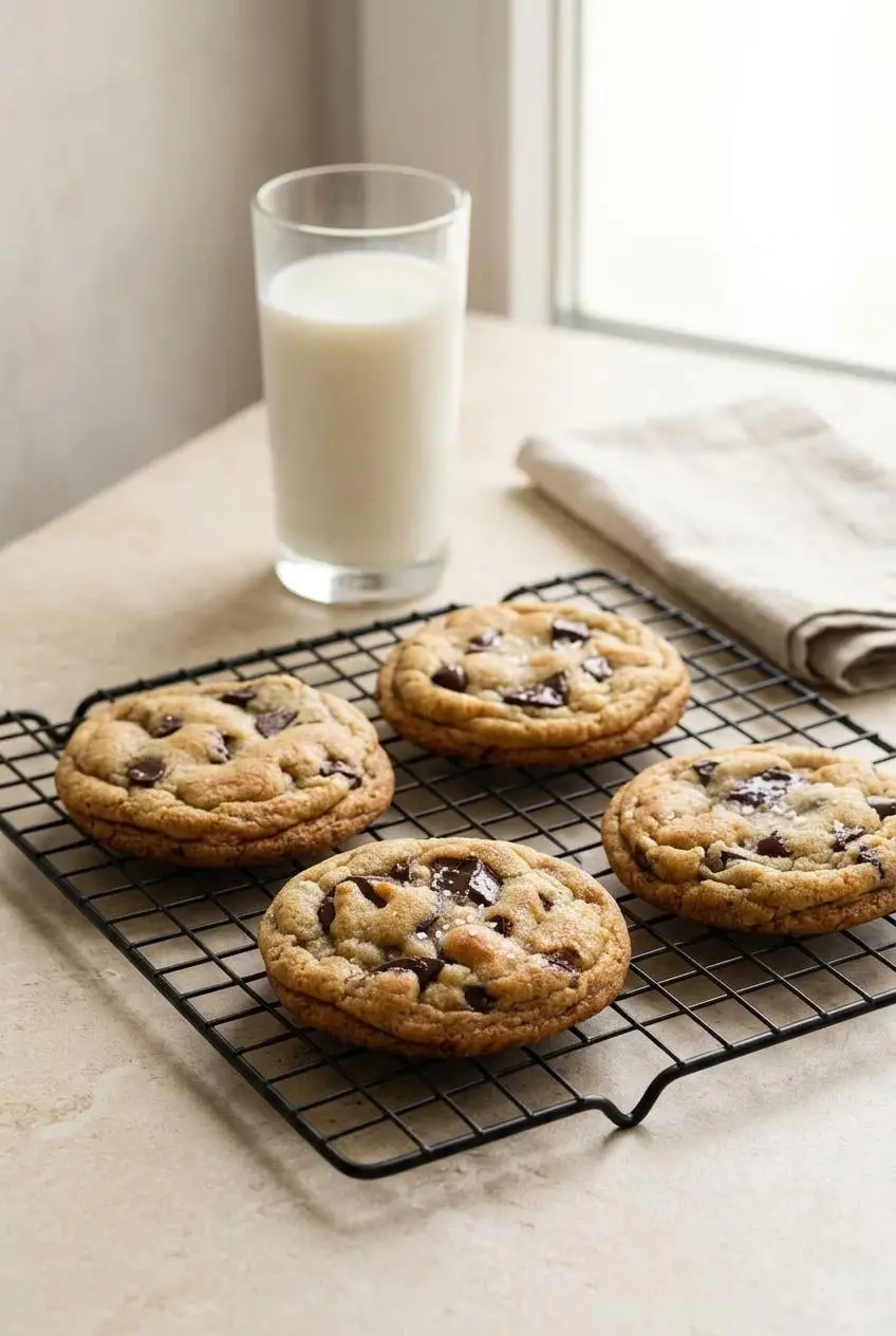 Freshly baked brown butter chocolate chip cookies resting on a wire rack next to a glass of cold milk.
