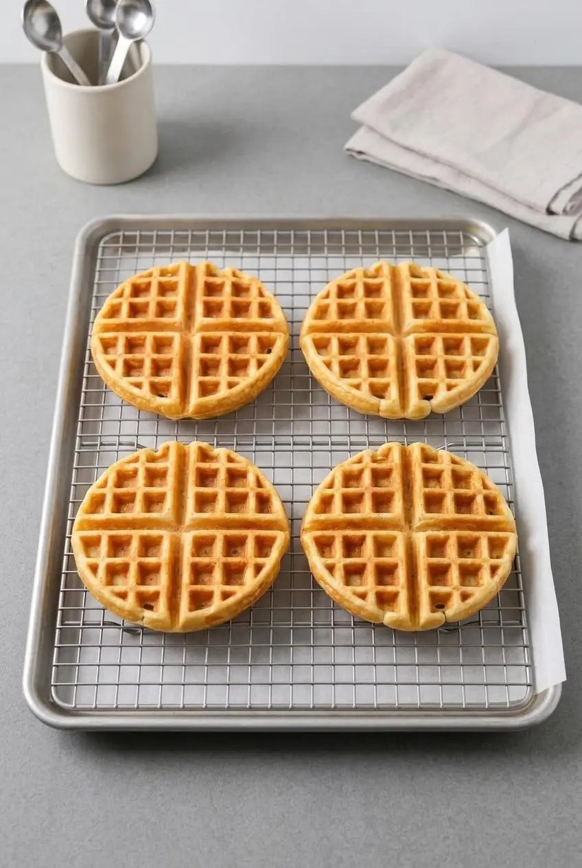 Freshly baked waffles cooling in a single layer on an elevated wire rack over a baking sheet.