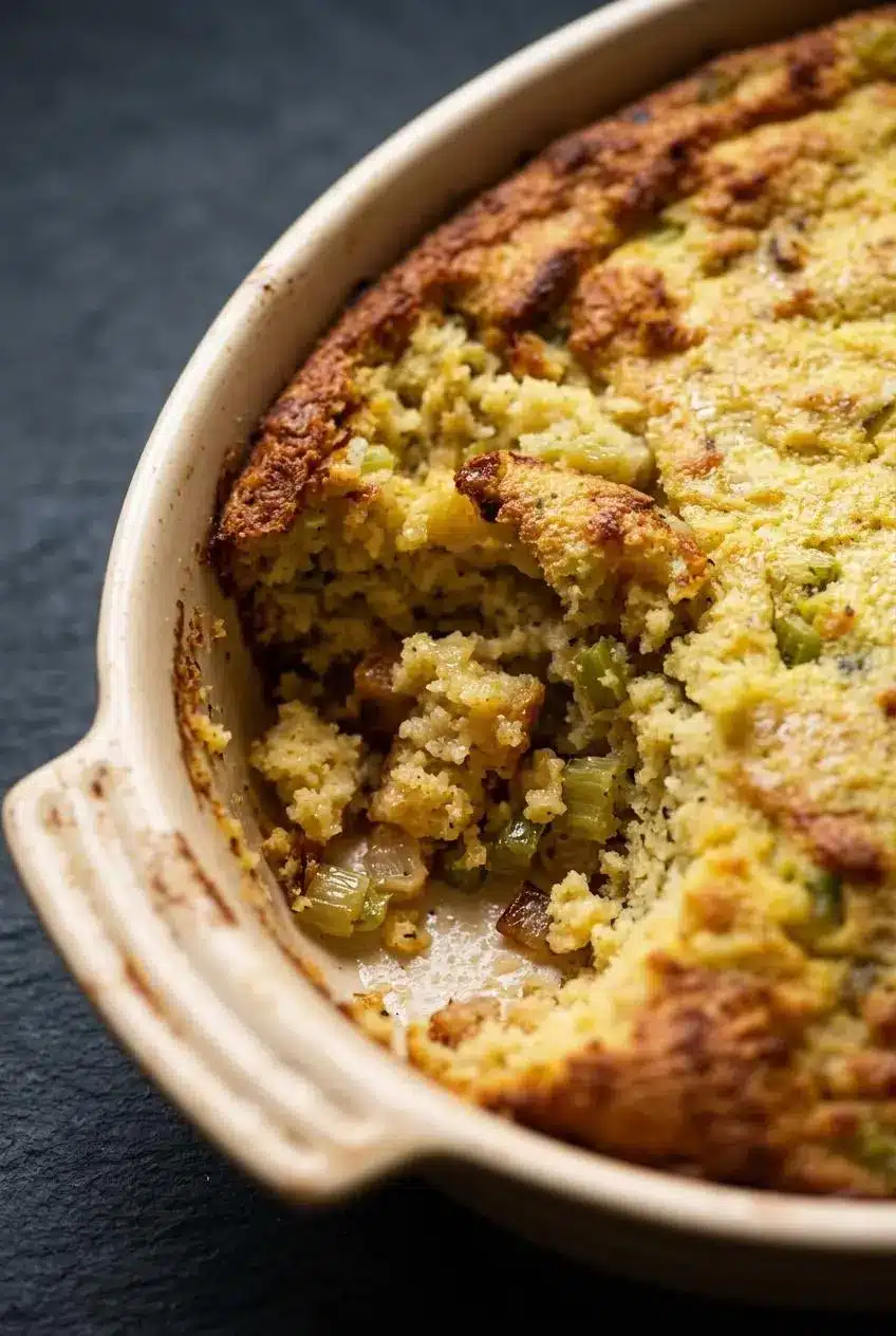 Close-up of scooped cornbread dressing showing a moist custardy interior with tender bits of celery and onion.
