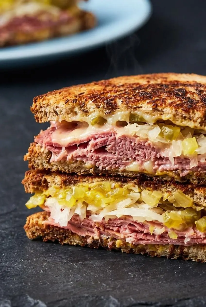 Close-up cross section of a corned beef sandwich showing toasted caraway rye crust and warm layered fillings.