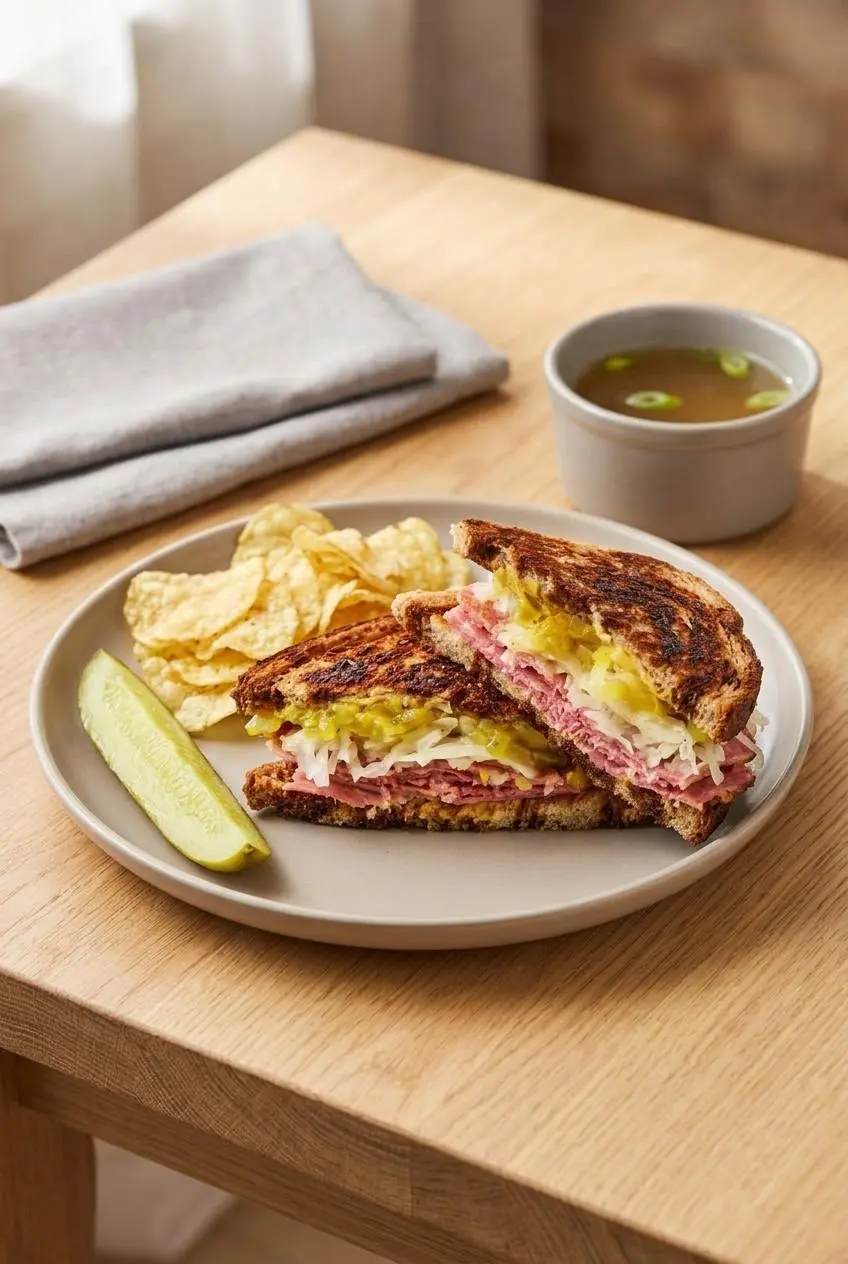 Halved corned beef sandwich served on a plate with a crisp kosher dill pickle spear and kettle chips.