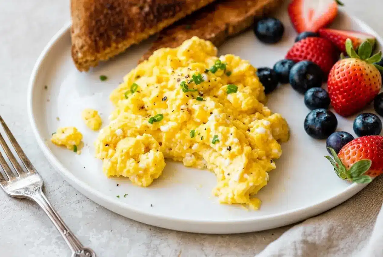 Fluffy cottage cheese scrambled eggs recipe cooked into tender, creamy curds with a soft glossy finish.