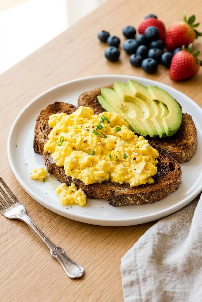 Fluffy scrambled eggs with cottage cheese served over toasted sourdough bread with sliced avocado.