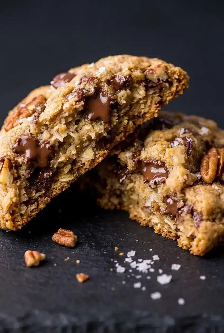 Broken cowboy cookie displaying a soft, pale center, melted chocolate chunks, and rolled oats.