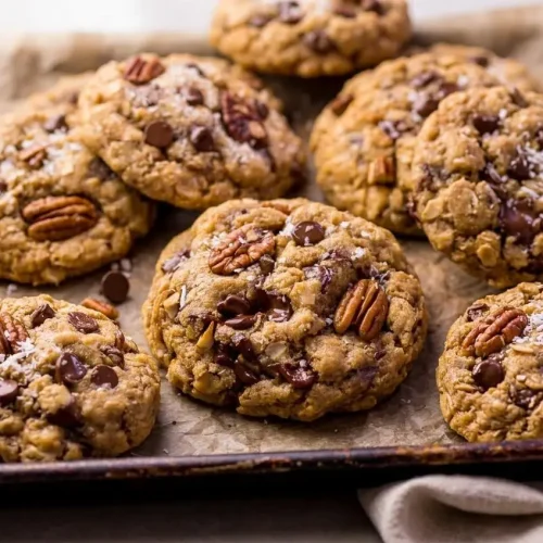 Thick cowboy cookies recipe with golden edges, rolled oats, pecans, and melted chocolate chips.