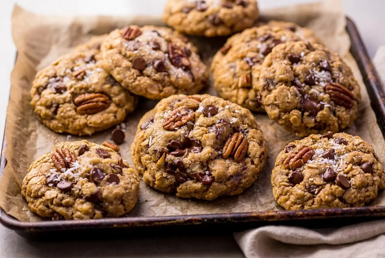 Thick cowboy cookies recipe with golden edges, rolled oats, pecans, and melted chocolate chips.