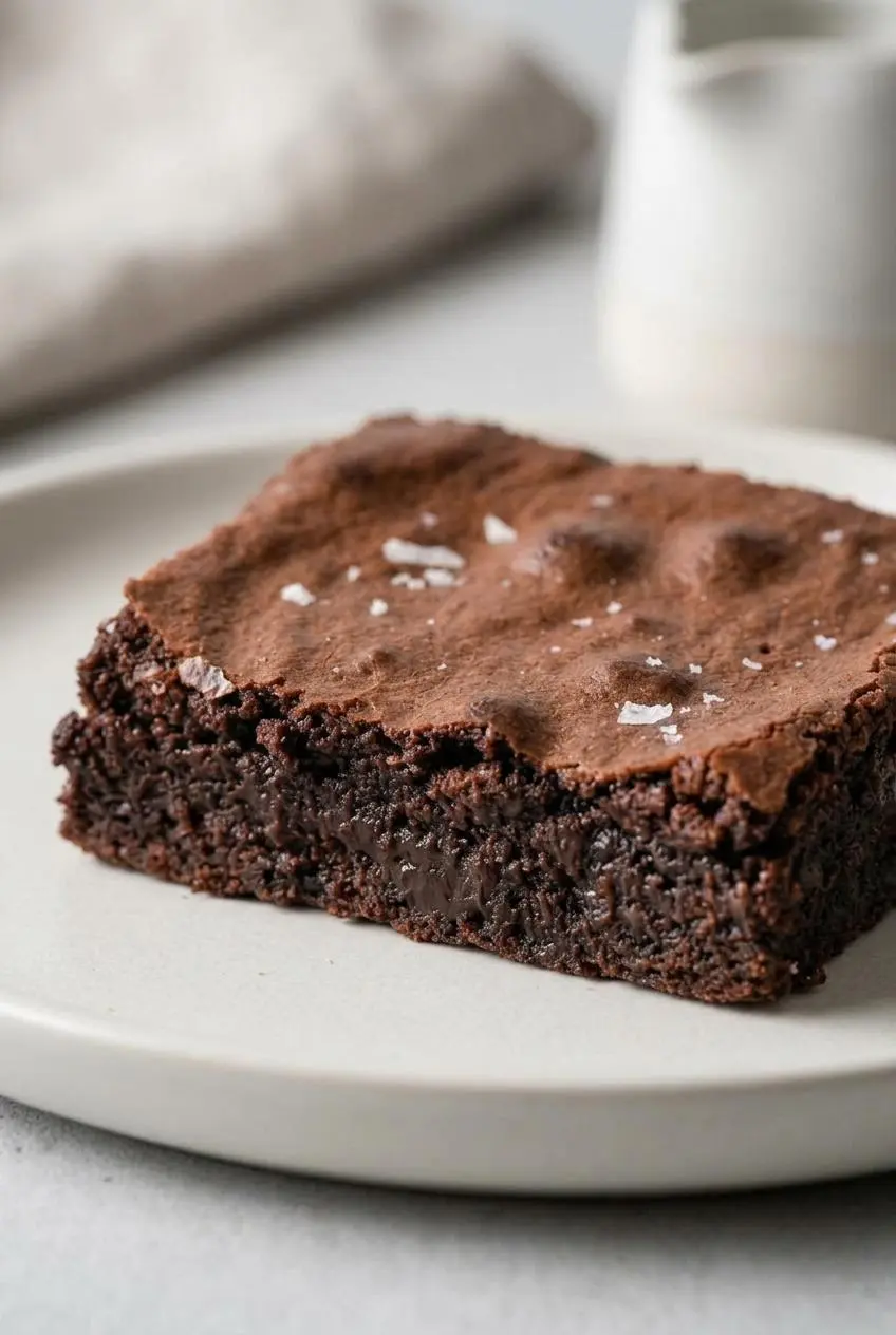 Macro view of a glossy crackly crust flaking over a rich, fudgy chocolate brownie center.