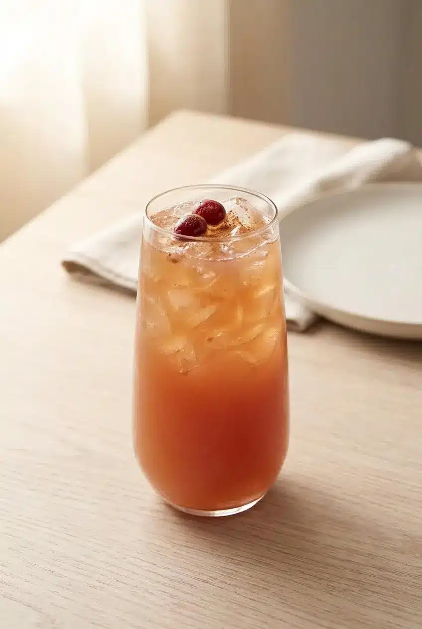 Tall glass of cranberry coffee garnished with fresh cranberries on a morning brunch table.
