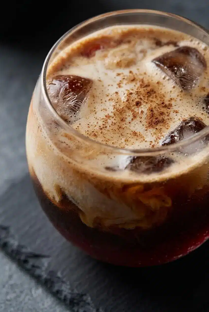 Macro view of microfoam surface and cinnamon specks atop iced cranberry coffee.