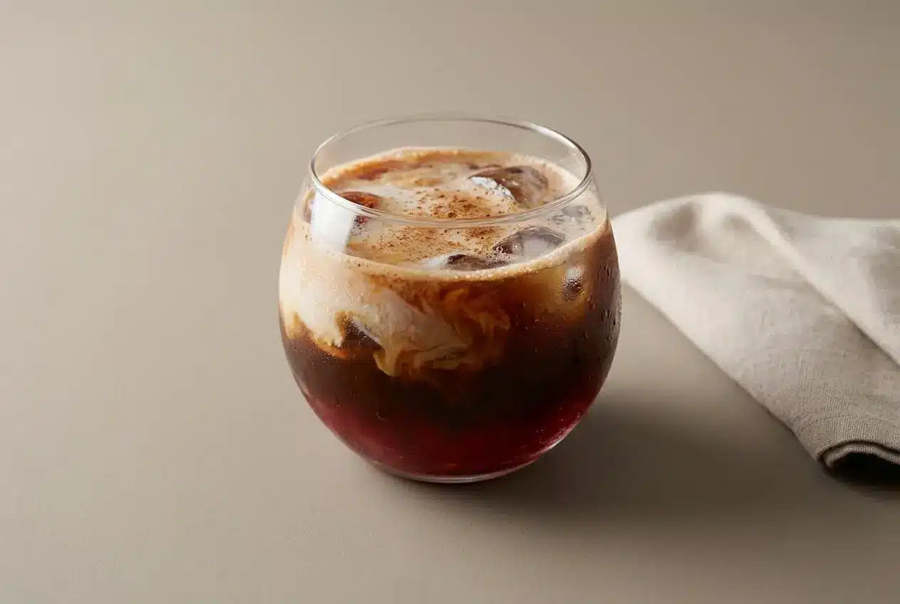 Iced cranberry coffee poured over ice with a light frothy foam layer and a soft rosy amber hue.
