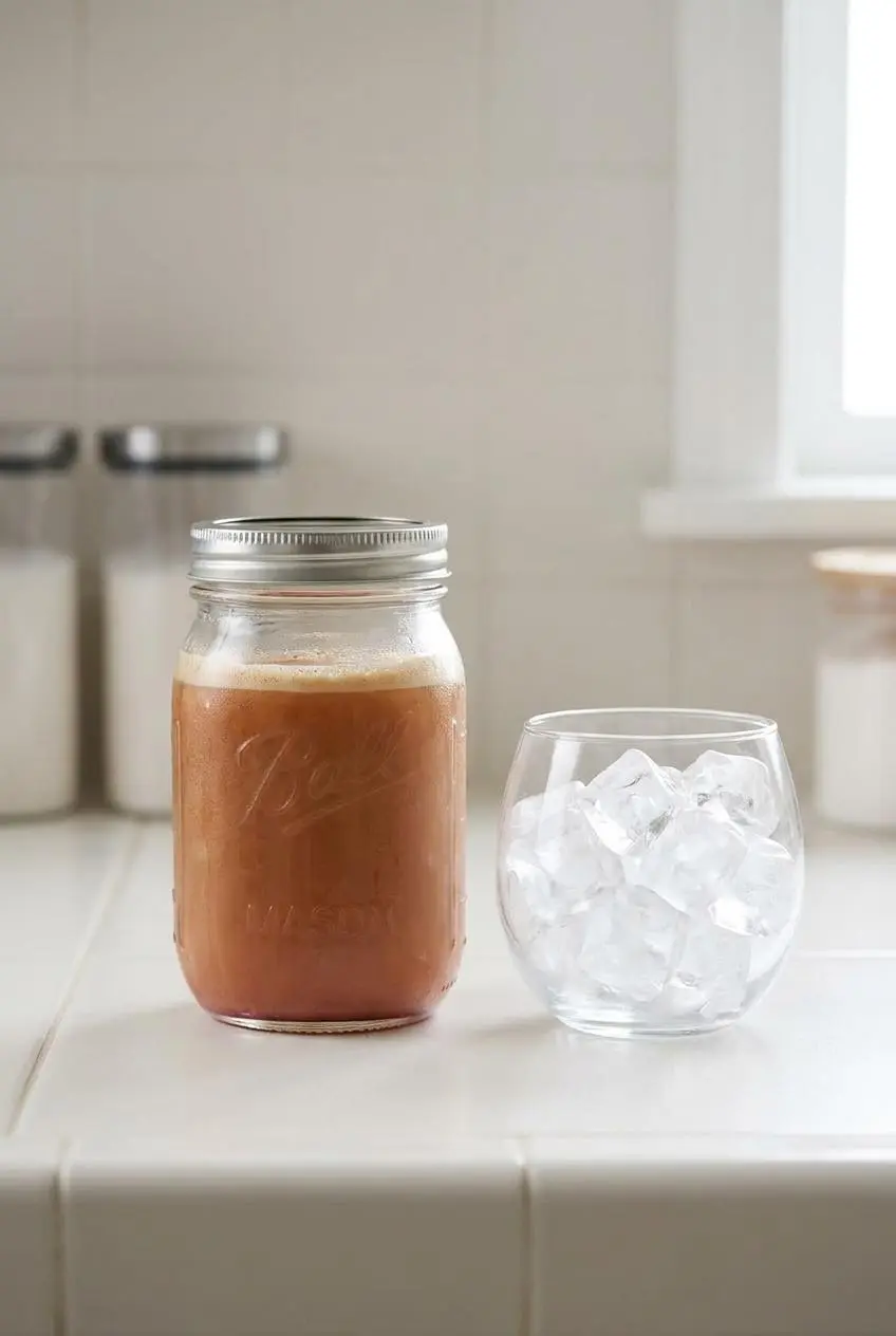 Blended cranberry coffee stored in a sealed glass mason jar beside a glass of fresh ice.