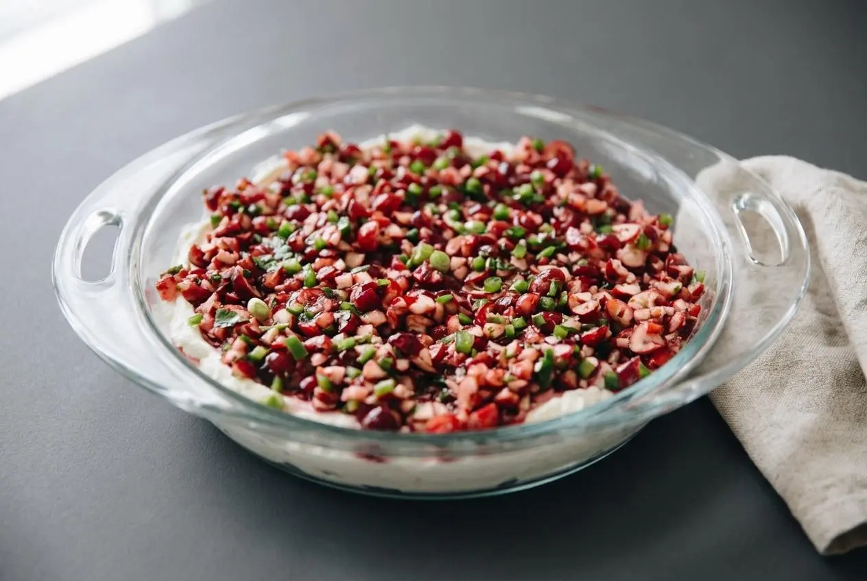 Cranberry jalapeno dip layered over whipped cream cheese with a glossy ruby red relish.