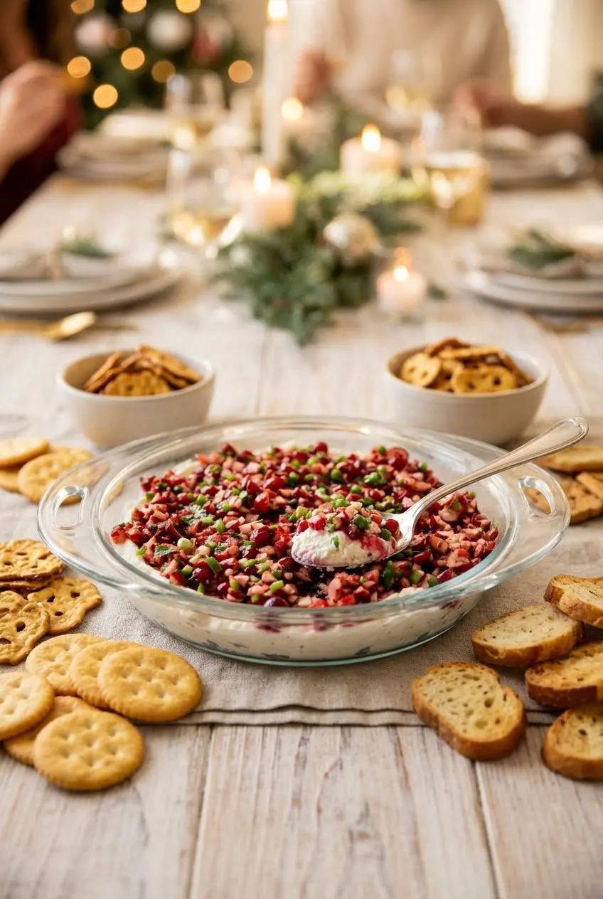Scooped cranberry jalapeno dip served alongside round buttery crackers, pretzel crisps, and toasted baguette slices.