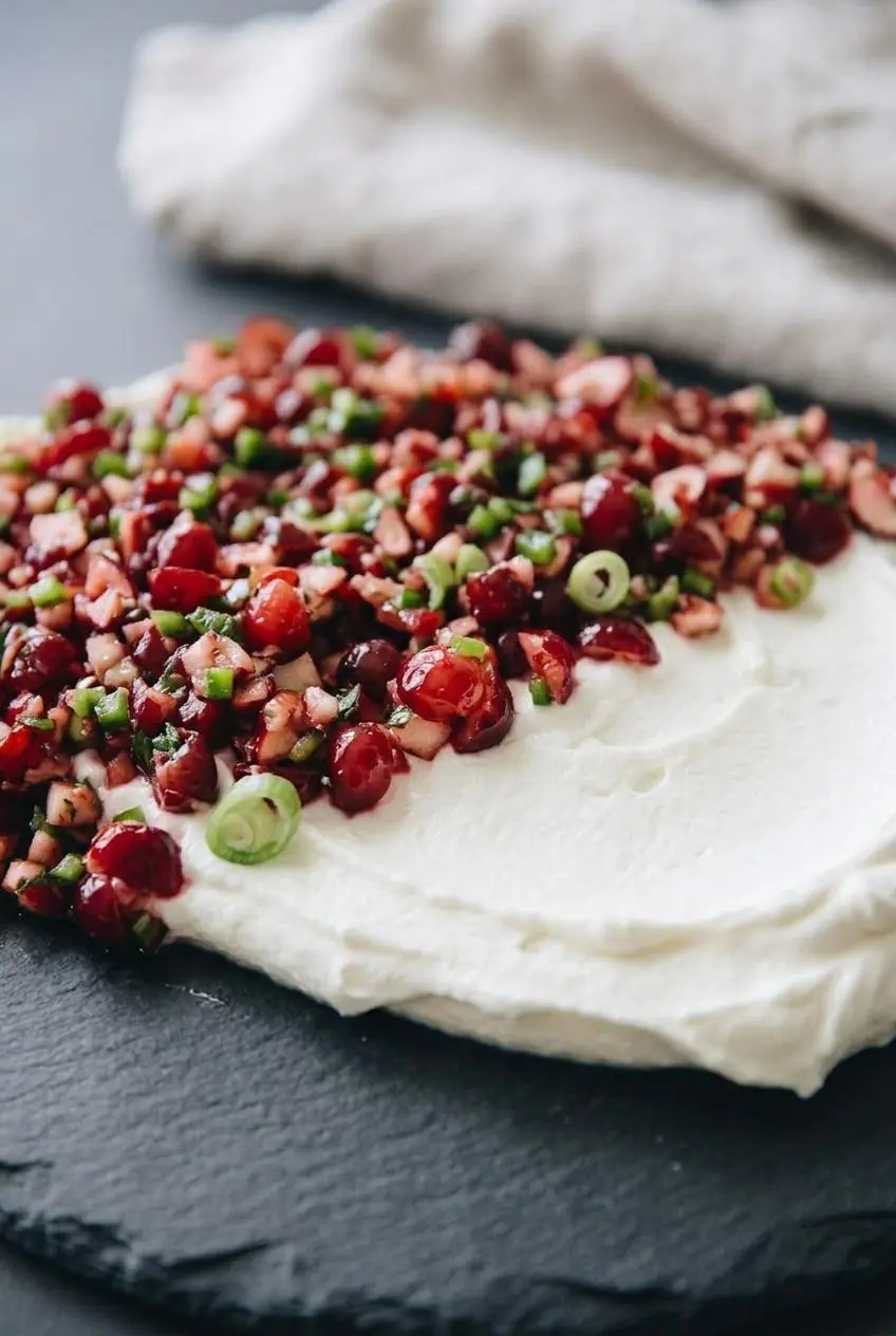 Macro view of drained cranberry jalapeno dip showing crisp relish cleanly resting on whipped cream cheese.