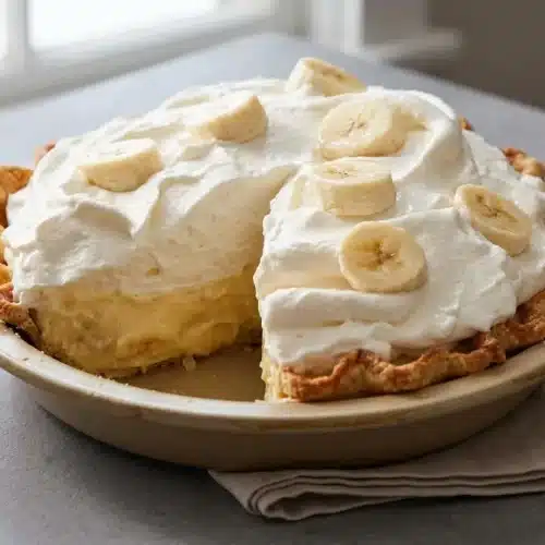 Chilled cream banana pie recipe with flaky crust, silky vanilla custard, and fluffy whipped cream.