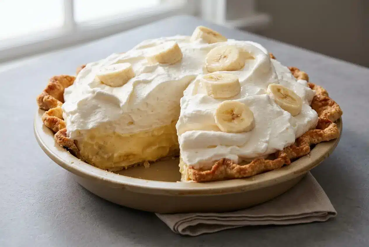 Chilled cream banana pie recipe with flaky crust, silky vanilla custard, and fluffy whipped cream.