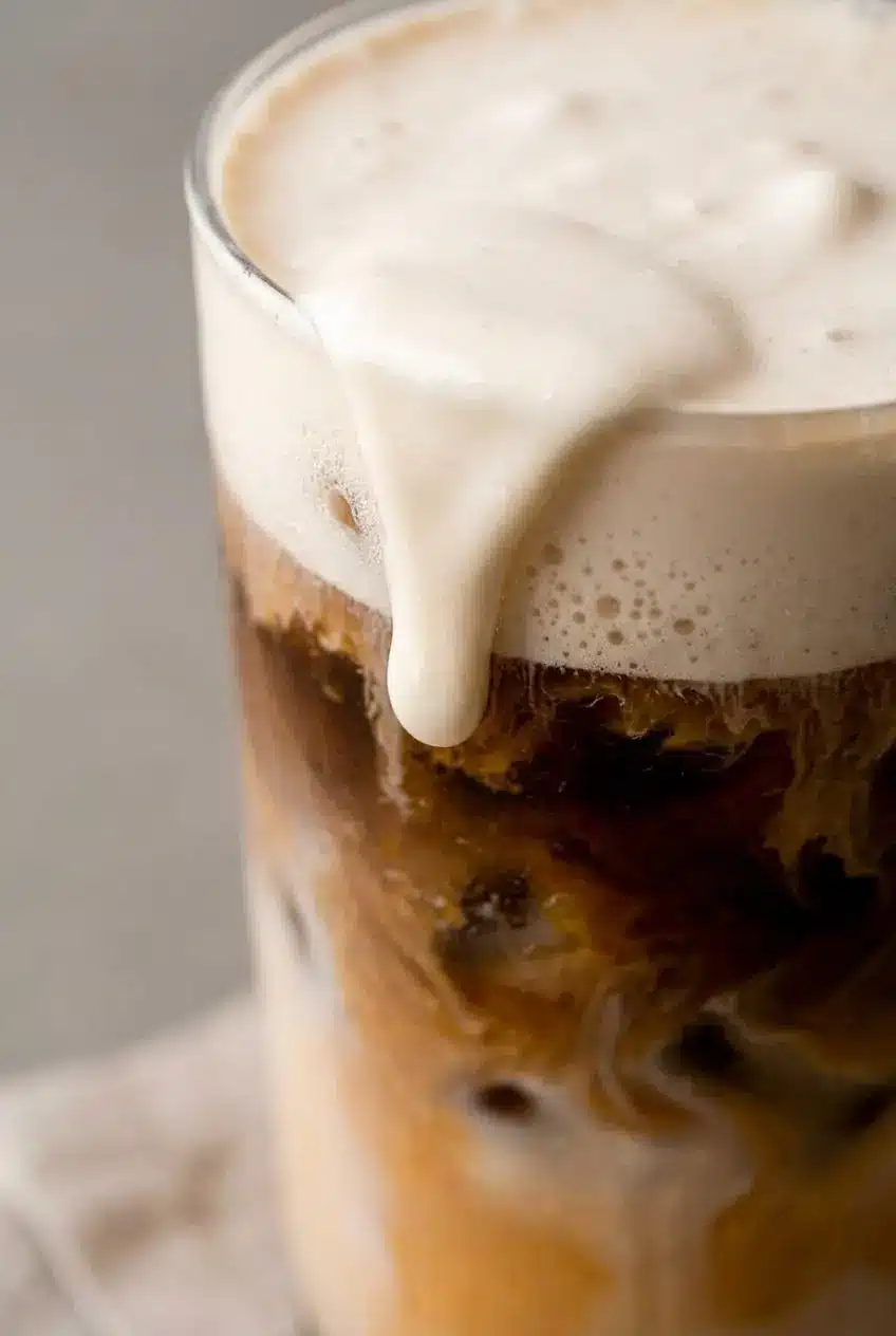 Glossy cream cheese cold foam at the ribbon stage settling softly over dark espresso in a glass.
