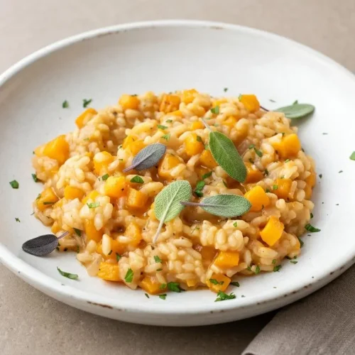 Creamy butternut squash risotto garnished with fresh sage and grated Parmesan in a shallow ceramic bowl.