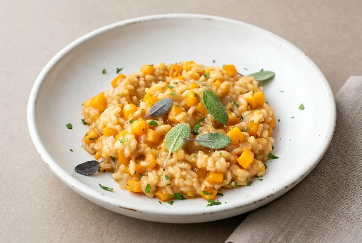 Creamy butternut squash risotto garnished with fresh sage and grated Parmesan in a shallow ceramic bowl.