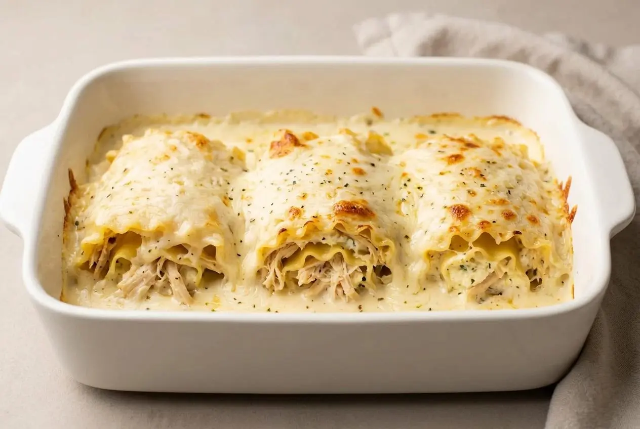 Baked chicken alfredo lasagna roll ups with golden melted mozzarella and creamy garlic sauce.