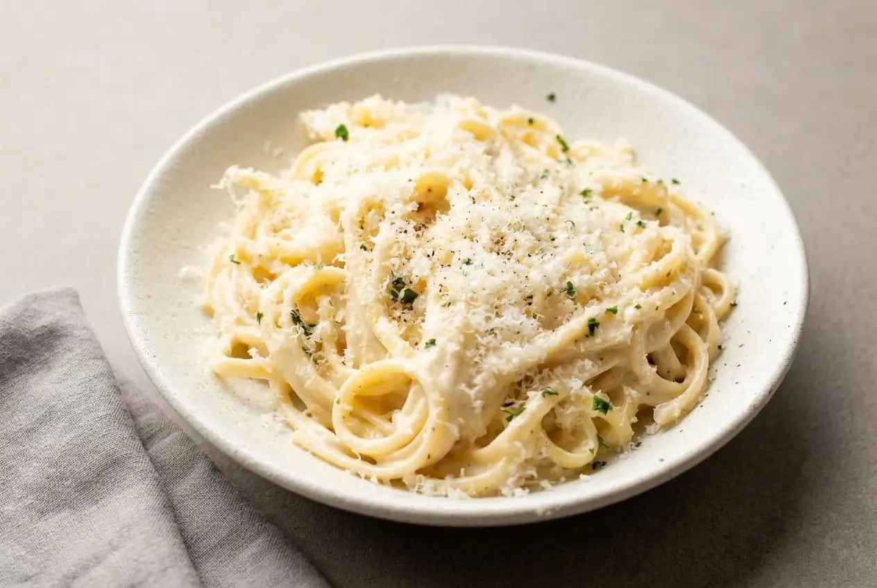 Creamy garlic pasta recipe tossed in a silky parmesan sauce with fresh parsley.