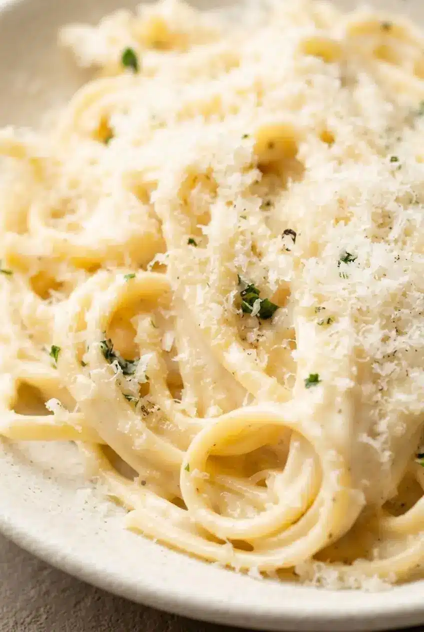 Close-up of glossy emulsified garlic cream sauce clinging to linguine noodles with black pepper and herbs.