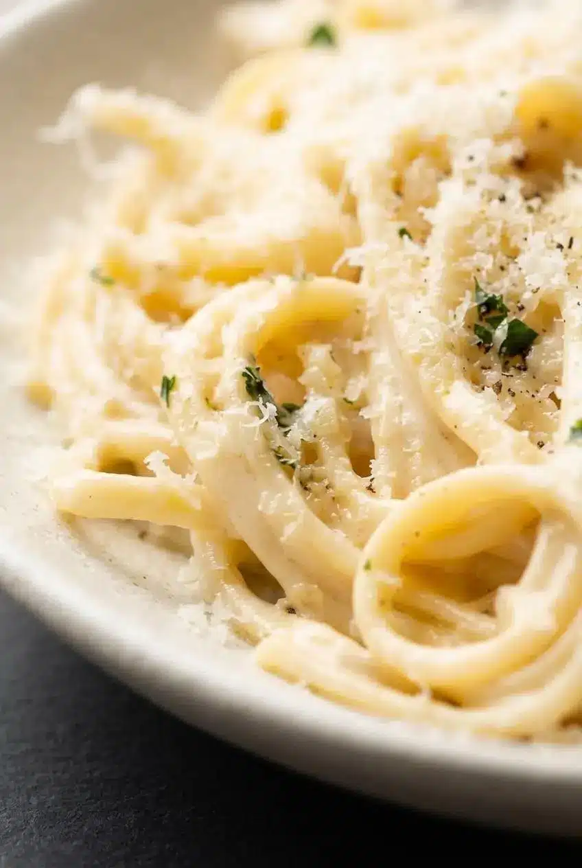 Close-up of silky garlic cream sauce clinging evenly to linguine ribbons.