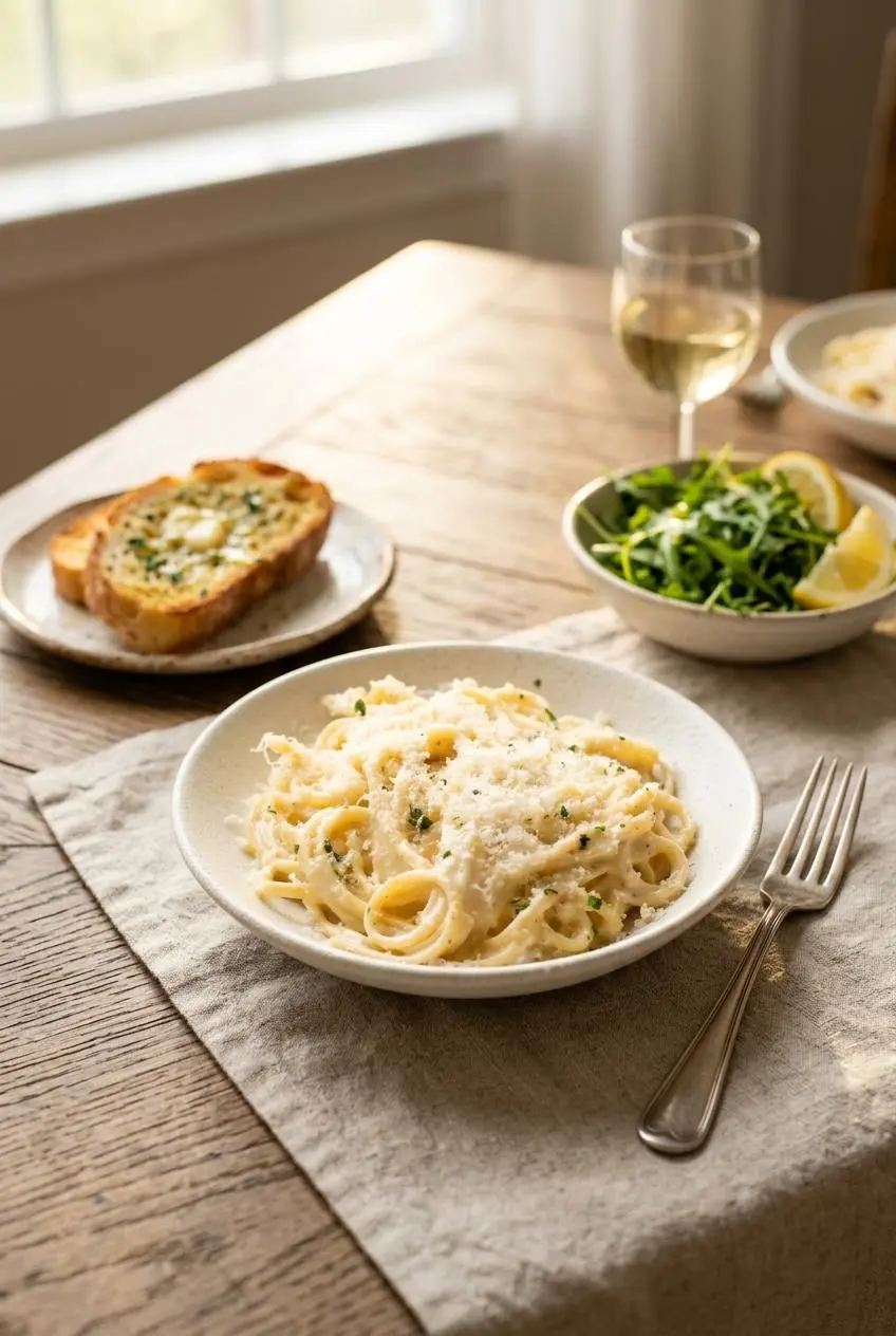 Bowl of creamy garlic pasta served on a dining table with warm crusty garlic bread and a fresh arugula salad.