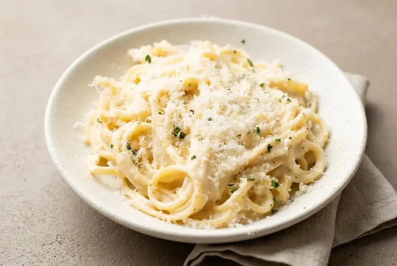 Creamy Garlic Pasta with a silky, glossy parmesan sauce clinging to linguine strands topped with fresh parsley.
