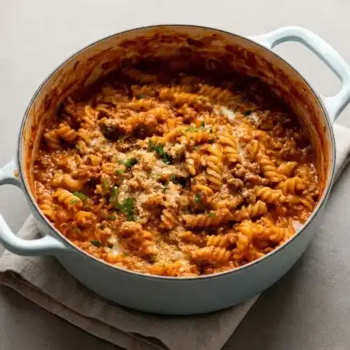 Creamy ground beef pasta with tender fusilli coated in a glossy tomato cream sauce and grated parmesan