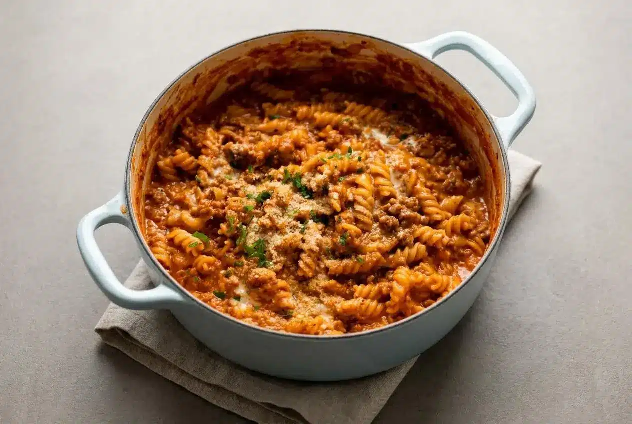 Creamy ground beef pasta with tender fusilli coated in a glossy tomato cream sauce and grated parmesan