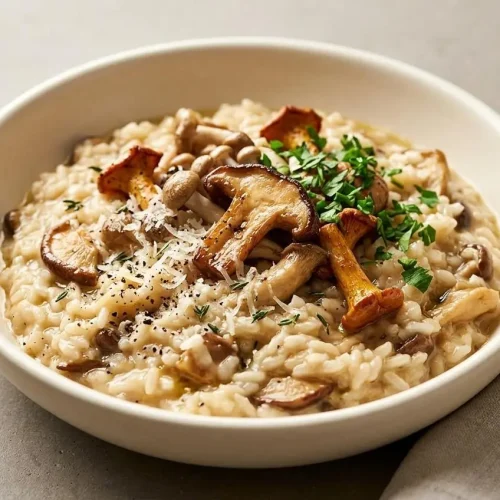 Creamy mushroom risotto recipe finished with browned mushrooms, parmesan, and a glossy starch sauce in a shallow bowl.