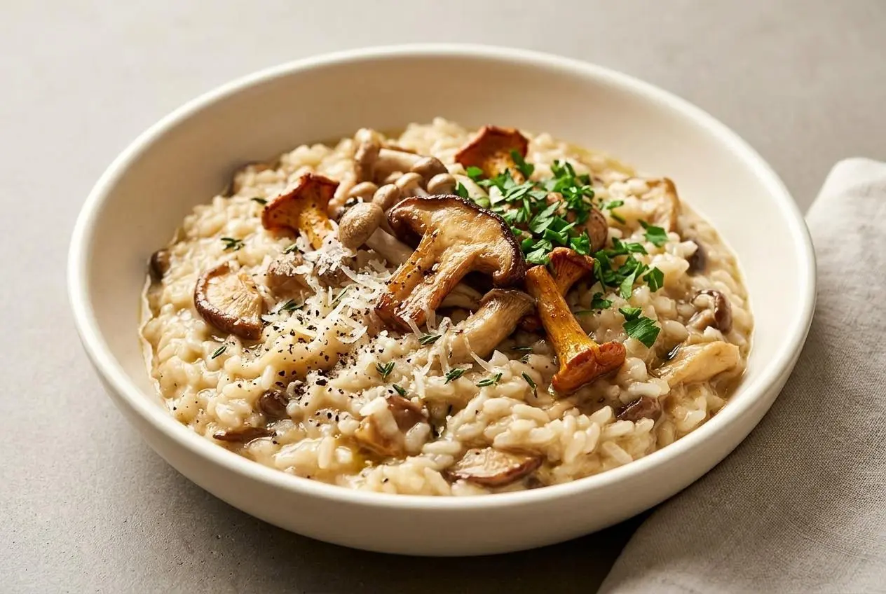 Creamy mushroom risotto recipe finished with browned mushrooms, parmesan, and a glossy starch sauce in a shallow bowl.