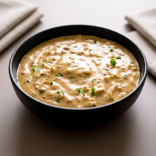 Velvety homemade peppercorn sauce with a glossy cream finish and cracked black peppercorns.