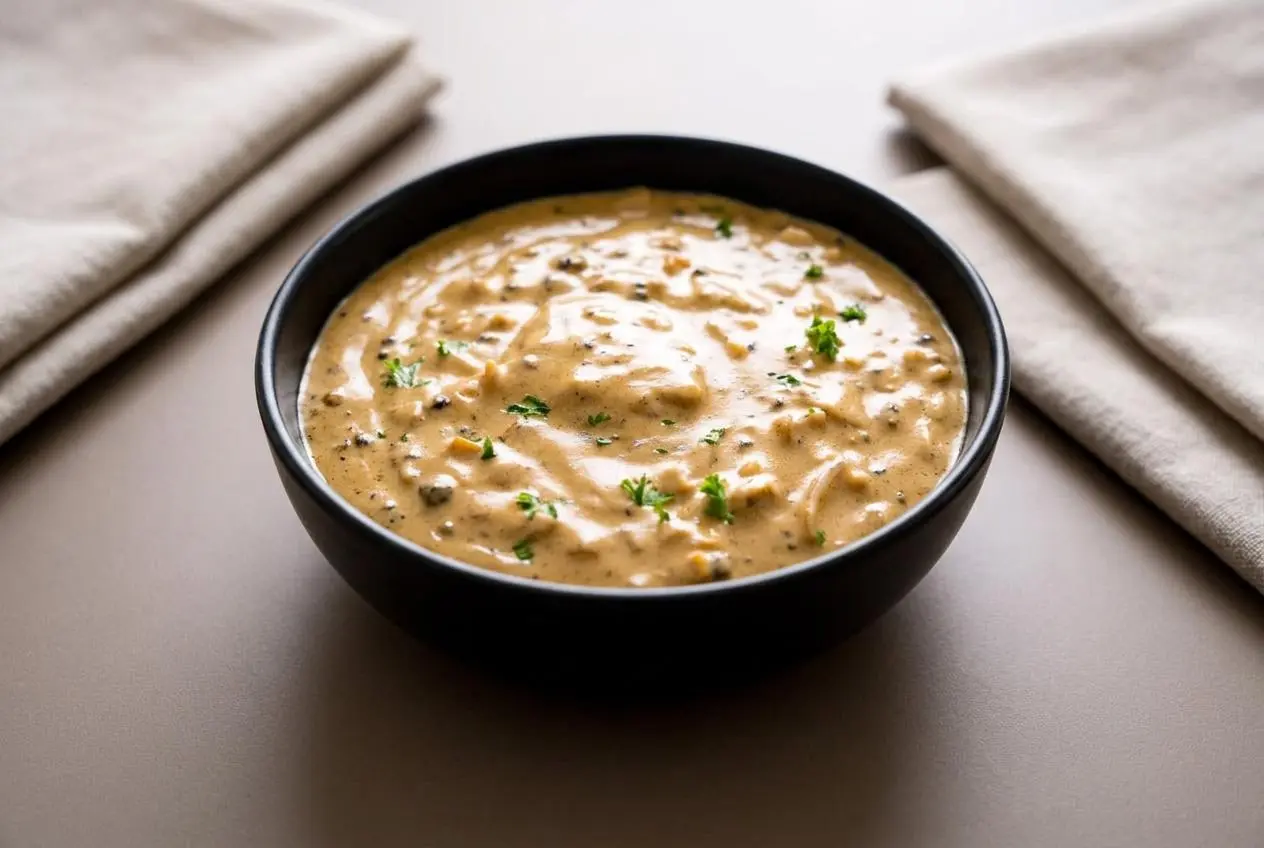 Velvety homemade peppercorn sauce with a glossy cream finish and cracked black peppercorns.