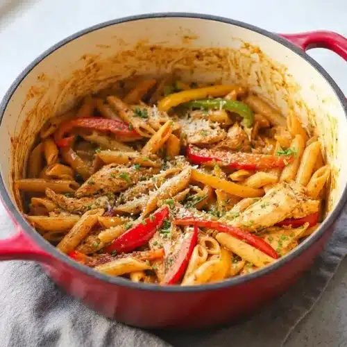 Bowl of creamy rasta pasta recipe with jerk chicken, tricolor bell peppers, and a glossy sauce finish.