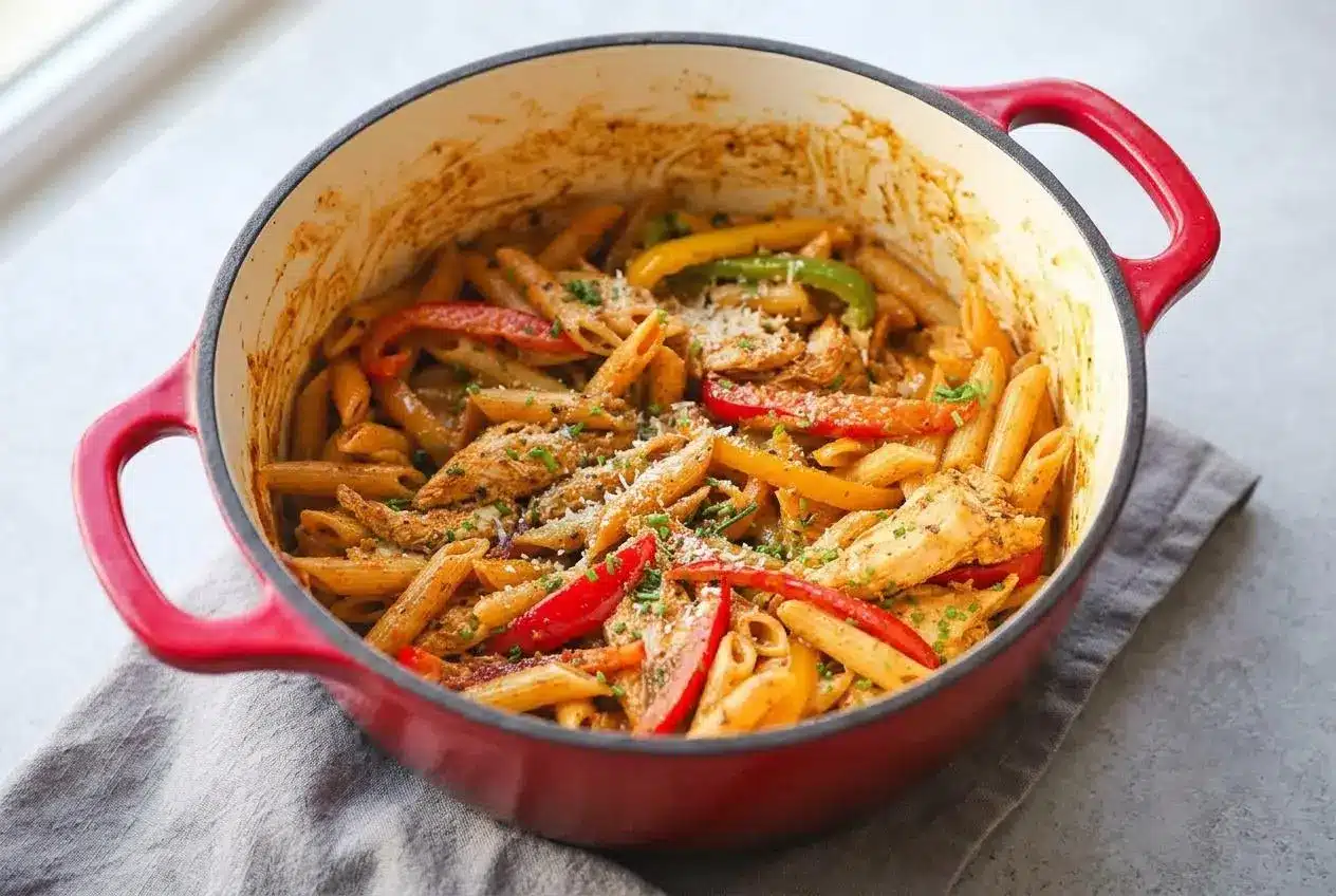 Bowl of creamy rasta pasta recipe with jerk chicken, tricolor bell peppers, and a glossy sauce finish.