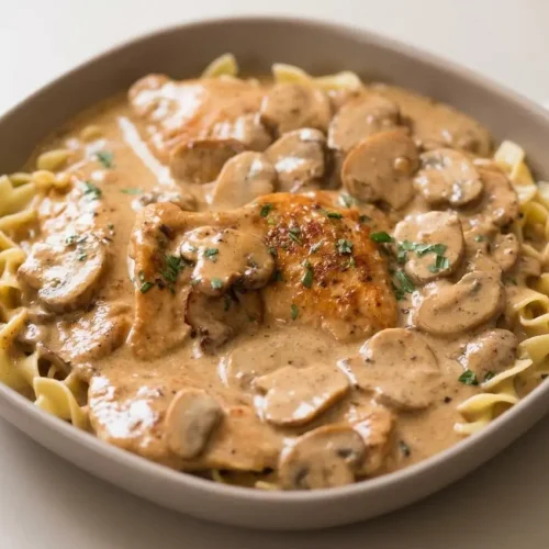 Skillet chicken stroganoff with golden chicken thighs and sliced cremini mushrooms in a glossy sour cream sauce.