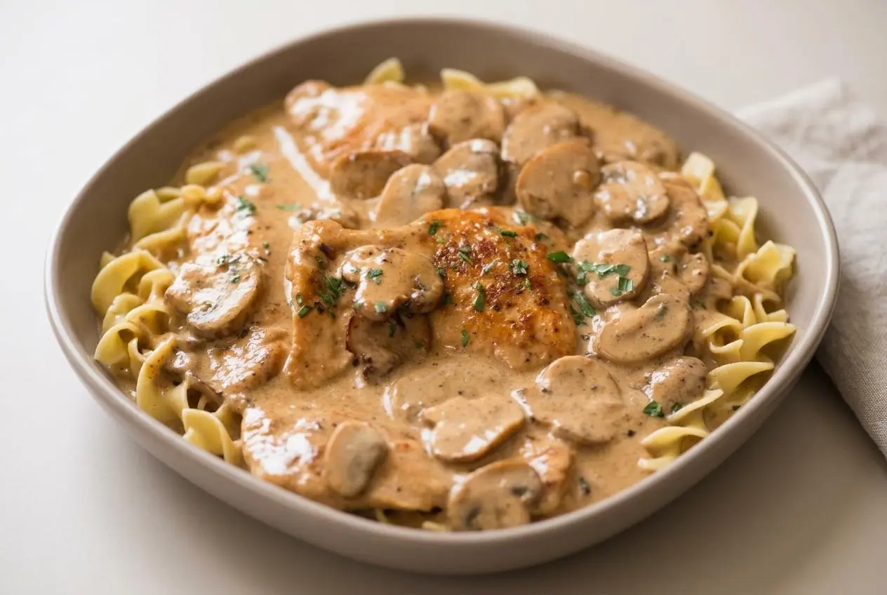 Skillet chicken stroganoff with golden chicken thighs and sliced cremini mushrooms in a glossy sour cream sauce.