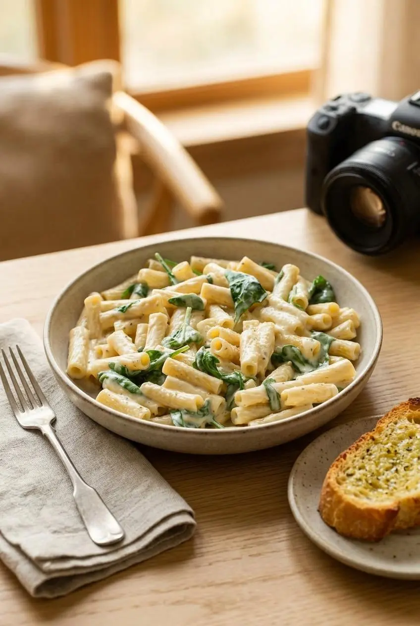 Creamy spinach pasta served in a ceramic bowl alongside crusty toasted garlic bread on a wooden dining table.