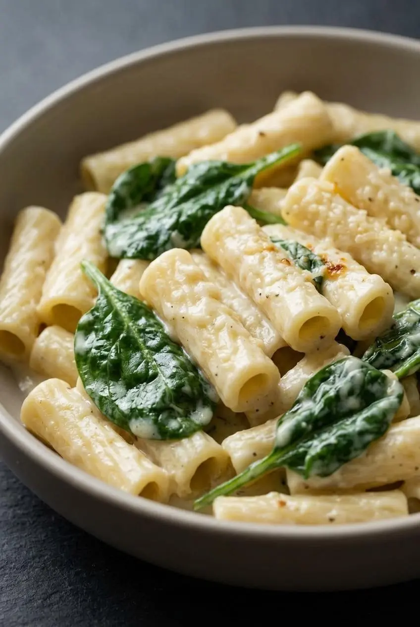 Close-up of velvety garlic Parmesan sauce clinging to ridged ziti pasta and dark wilted baby spinach.