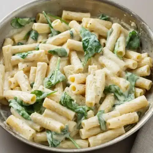 Creamy Spinach Pasta with tender baby spinach and ziti in a glossy garlic Parmesan sauce.