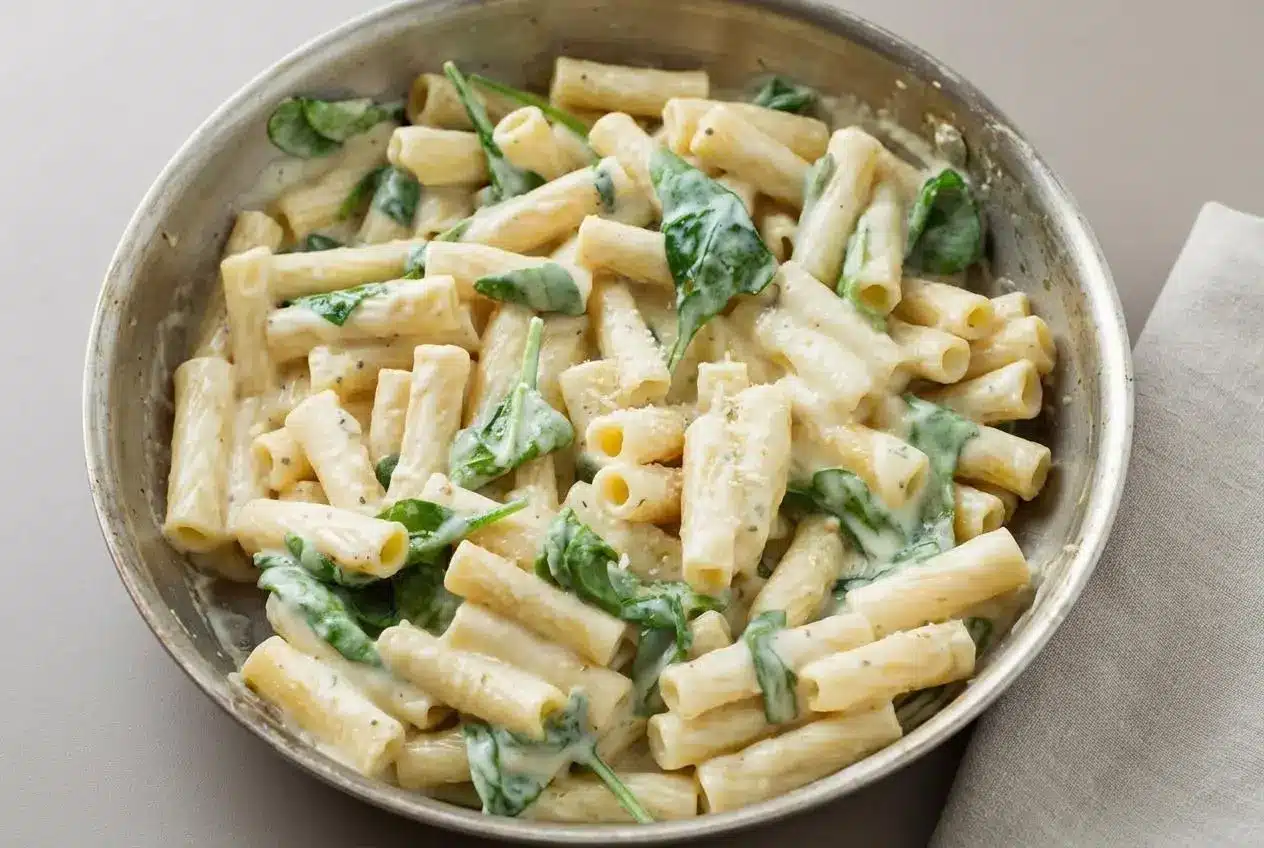 Creamy Spinach Pasta with tender baby spinach and ziti in a glossy garlic Parmesan sauce.
