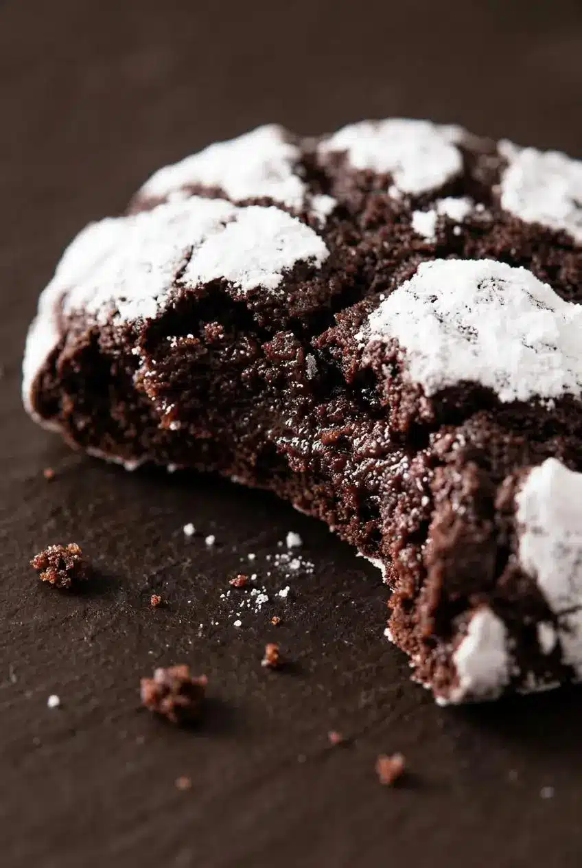 Close-up of powdered sugar cracks over the soft chocolate center of a crinkle cookie.
