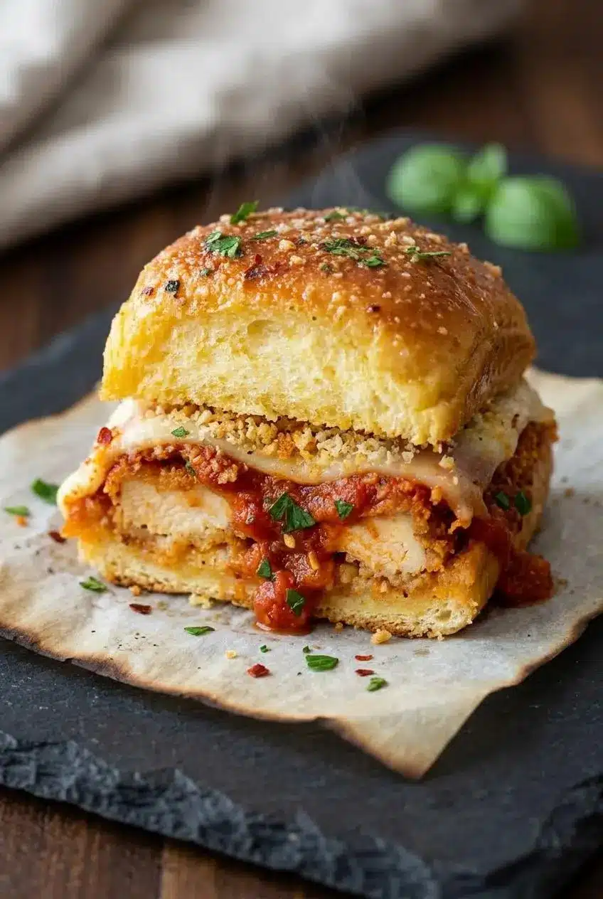 Cross-section of a chicken parmesan slider showing breaded cutlet, melted cheese barrier, and toasted bun.