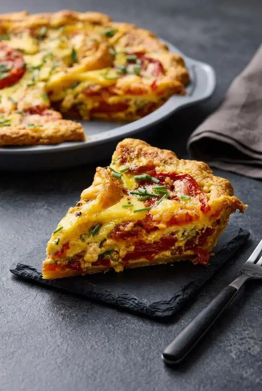 Clean slice of tomato pie displaying a crisp, flaky bottom crust, blotted heirloom tomatoes, and melted cheese custard.