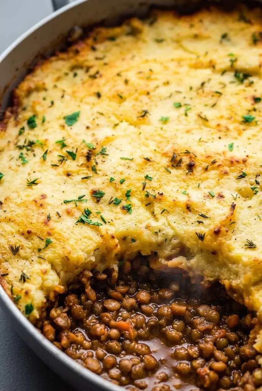 Crisp golden-brown broiled ridges of potato cauliflower mash on top of vegan shepherd's pie.