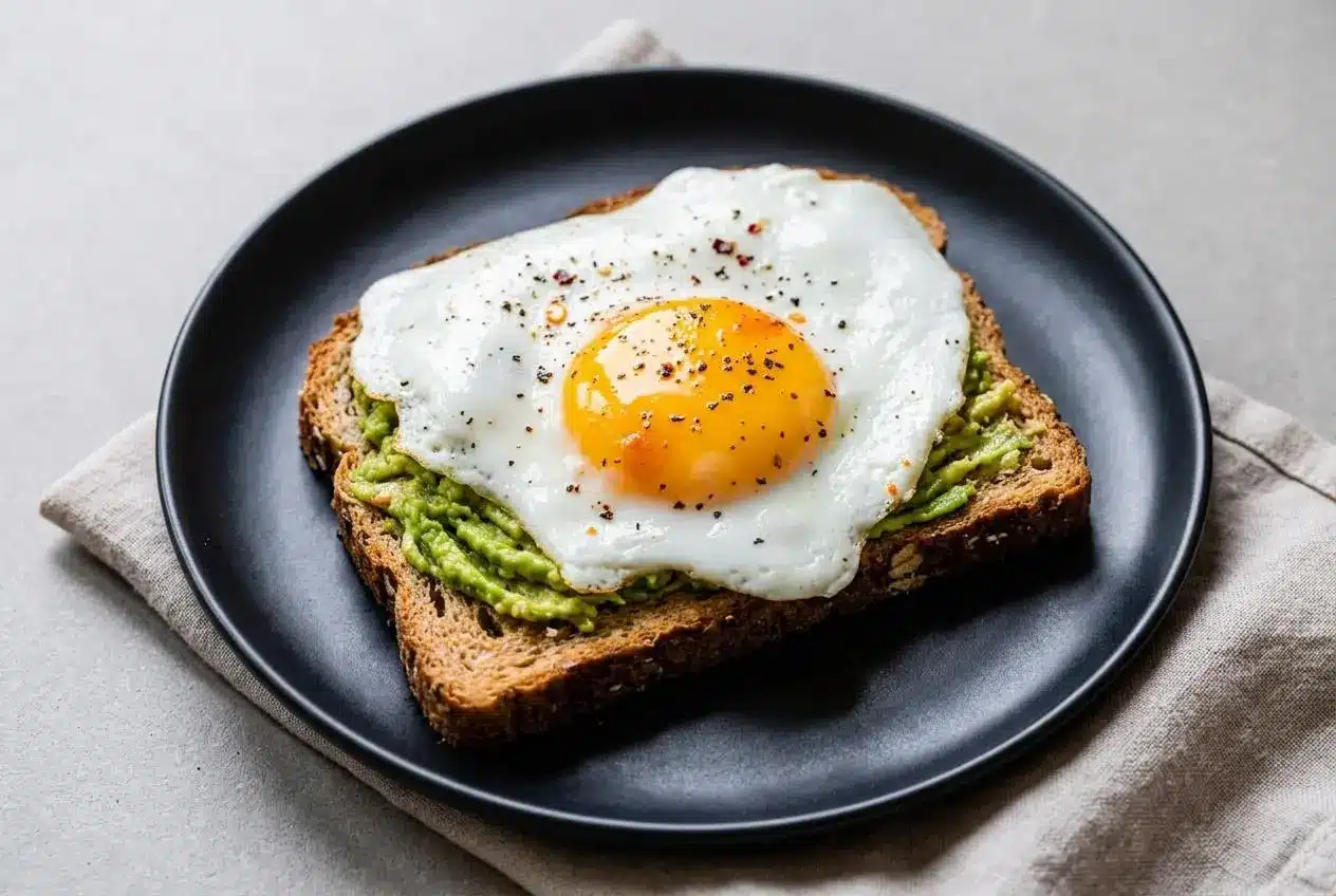 Avocado toast with egg on crisp sourdough bread topped with black pepper and olive oil drizzle.