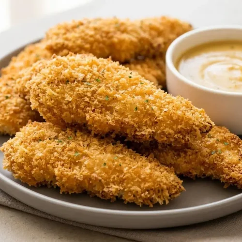 Crispy baked chicken strips recipe with a deeply golden toasted panko crust.